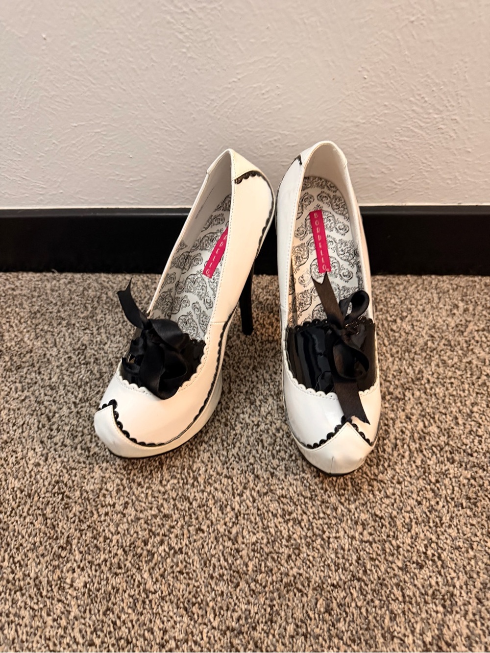 Bordello White and Black Ribbon Trim Heel Pumps
